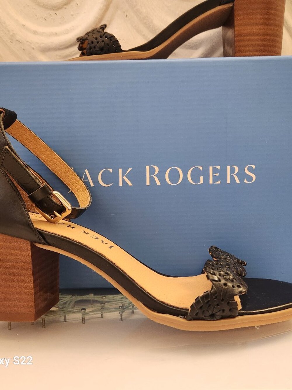 Jack Rogers Lauren Ankle Strap Mid Heel Black/Black 7.5. Leather. NIB.